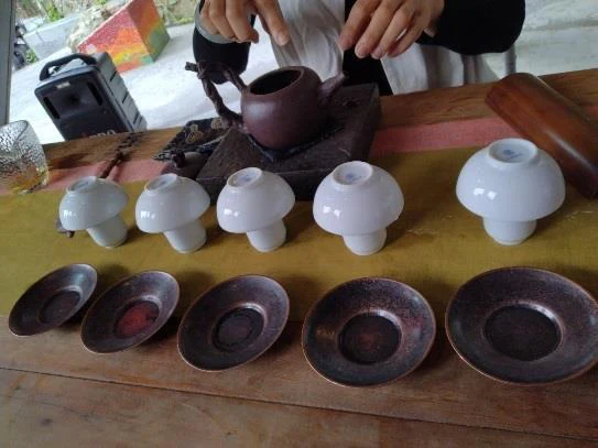 淹れた台湾茶を、並んだ白い茶杯へ注ぐ手元